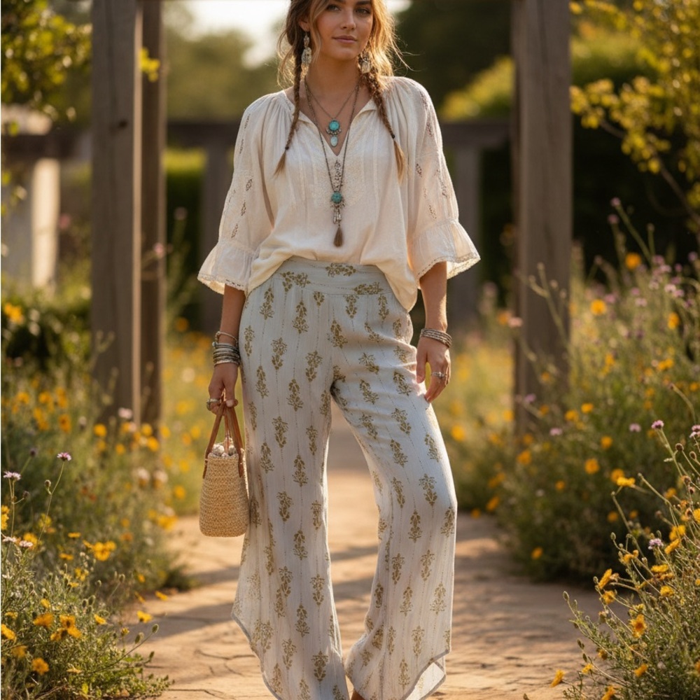 FP Movement by Free People Cream and Gold Patterned Cropped Pants (Size S)